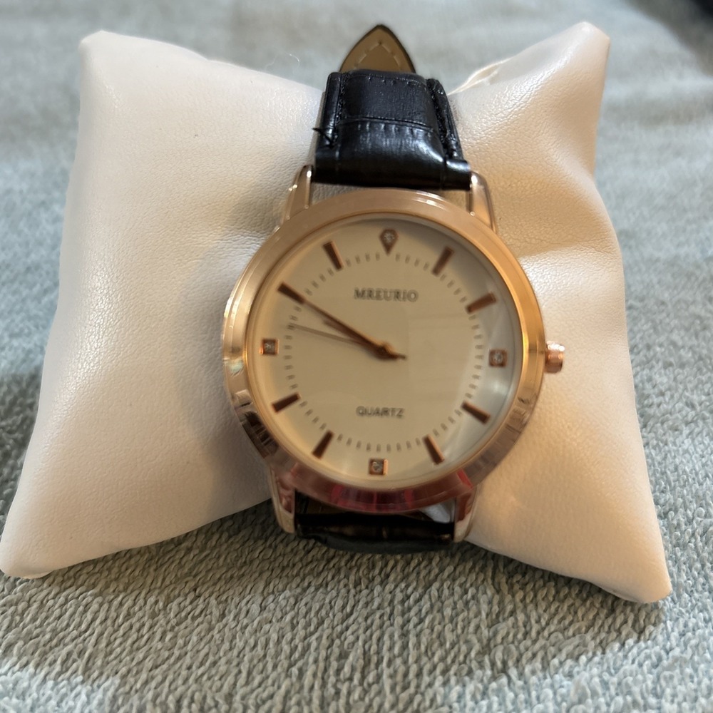 Mreurio White Dial Round Gold Tone Case Black Faux Leather Band Watch
